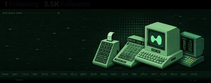 A retro-green terminal display shows account stats of "1 Following" and "3.5K Followers," with an isometric illustration of a cash register, MSTR-222.5 trading terminal, and point-of-sale machine set against a dot-matrix background. A scrolling ticker along the bottom displays crypto and stock symbols (BIDU, AAPL, TSLA, GME, SPCX, SPY, FLTR, NFLX, ROOT, MSTR), visually reinforcing the automated trading and NFT-based trading ecosystem described in the giveaway post for HypeQuotronsNFT.