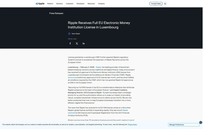 A screenshot of a Ripple press release webpage titled "Ripple Receives Full EU Electronic Money Institution License in Luxembourg" dated February 3, 2026.