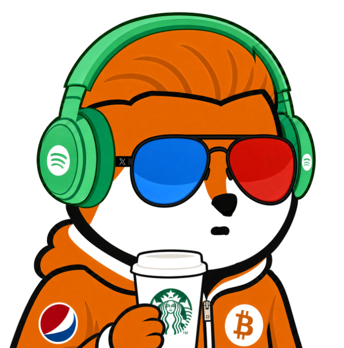 A cartoon illustration of an orange fox character wearing Spotify-branded green headphones, 3D glasses with red and blue lenses, and holding a Starbucks coffee cup, with Pepsi and Bitcoin logos on its orange hoodie.