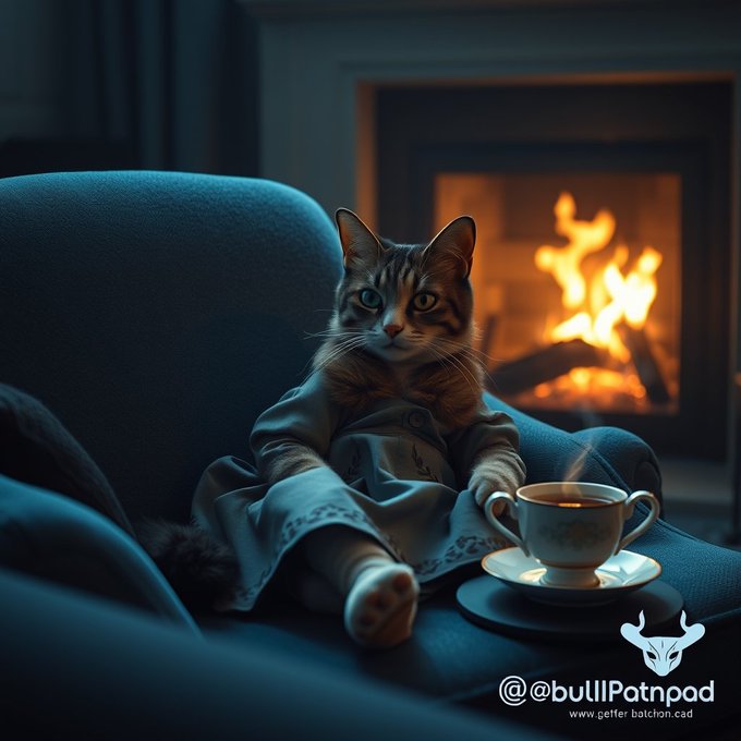 The image features a cat sitting comfortably on a blue couch, wearing a dress that appears to be made of fabric. Next to the cat, there's a cup filled with tea or coffee placed on a saucer. The background shows a fireplace, adding warmth and coziness to the scene. The caption "GM Based" is present in the image, which could possibly be related to the post about the cat sitting on the couch.