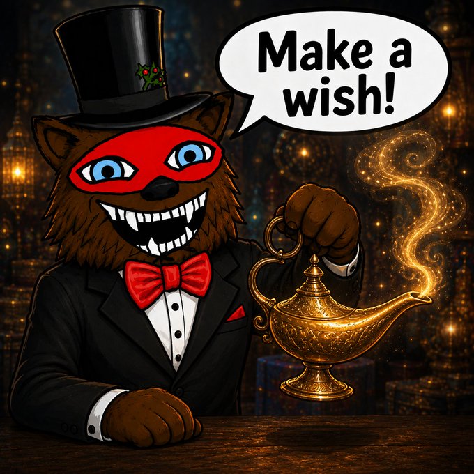 An illustration of a brown, furry mascot character wearing a black top hat and red bow tie, holding a glowing golden lamp with a speech bubble that says 'Make a wish!'.
