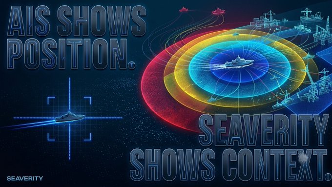 A SEAVVERITY advertisement contrasting 'AIS SHOWS POSITION' (a crosshair view of a ship) with 'SEAVERITY SHOWS CONTEXT' (ships overlaid with colorful radar and sonar rings).