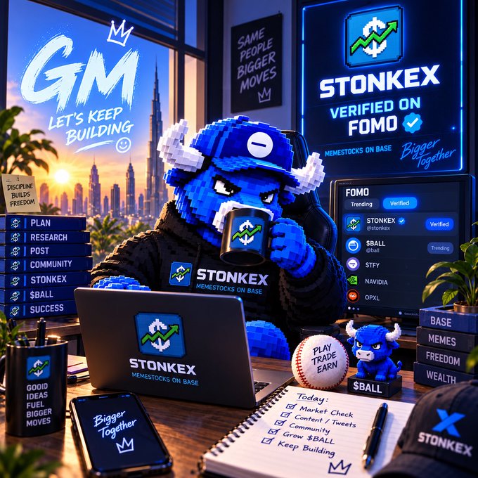 A pixel-art blue bull mascot representing STONKEX ('Memestocks on Base') works at a laptop displaying FOMO trending tickers like STONKEX, $BALL, STFY, NAVIDIA, and OPXL, with motivational text including 'GM LET'S KEEP BUILDING,' 'DISCIPLINE BUILDS FREEDOM,' and 'GOOD IDEAS FUEL BIGGER MOVES.'