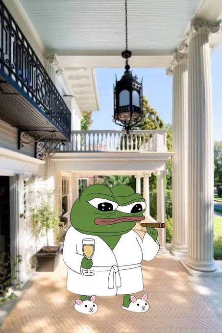 A cartoon frog wearing a white bathrobe and bunny slippers stands on an elegant mansion's columned porch, holding a glass of champagne and a cigar. The image's relaxed, leisurely vibe pairs well with the "Good morning, TGIF" sentiment, capturing a carefree weekend mood of indulgence and leisure.