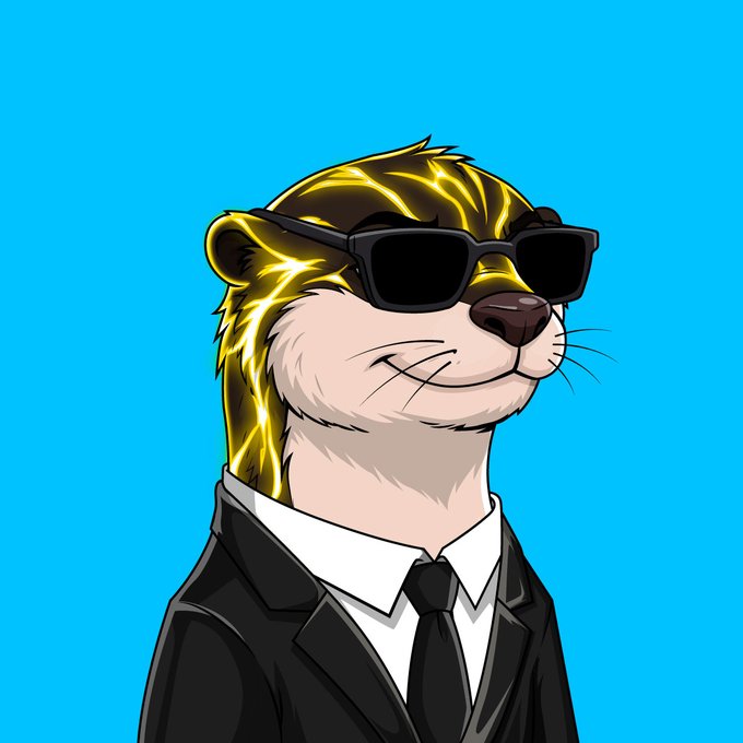 A digital illustration of an otter character wearing black sunglasses and a black suit with a white shirt and black tie, sporting glowing golden streaks on its head against a bright blue background.