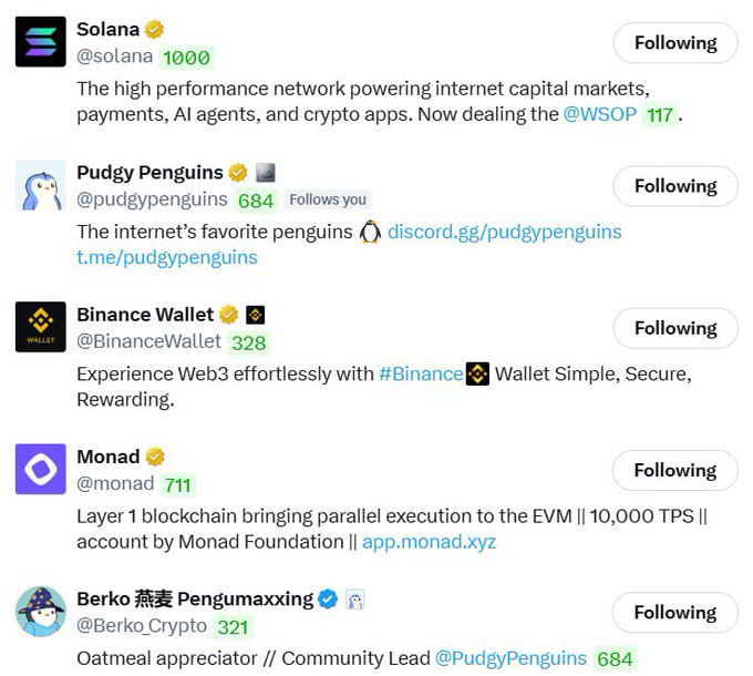 A list of Twitter/X profiles being followed: Solana, Pudgy Penguins, Binance Wallet, Monad, and Berko (@Berko_Crypto).