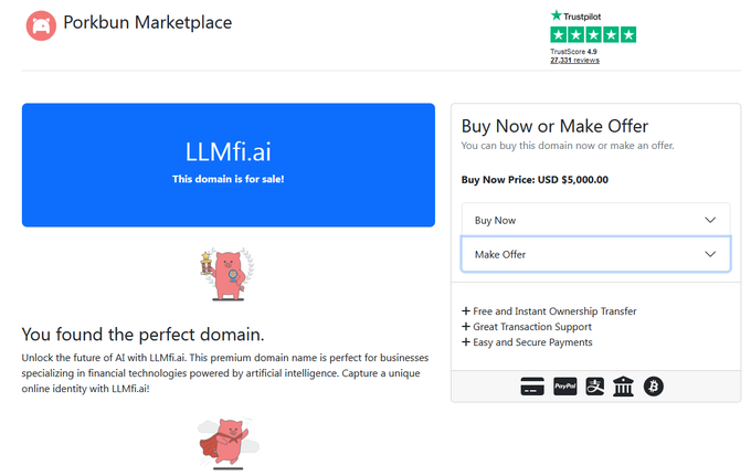 A Porkbun Marketplace listing for the domain 'LLMfi.ai' showing a 'Buy Now Price: USD $5,000.00' with a Trustpilot rating of 4.9 stars.