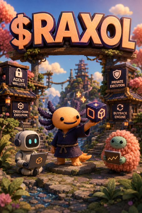 A whimsical 3D-rendered promotional image features a cute yellow creature with purple tentacles holding a glowing cube, alongside a small robot and a pink fluffy character, under the large text '$RAXOL' with feature labels like 'AGENT WALLETS', 'CROSS-CHAIN EXECUTION', 'PRIVATE EXECUTION', and 'BUYBACK ENGINE'.