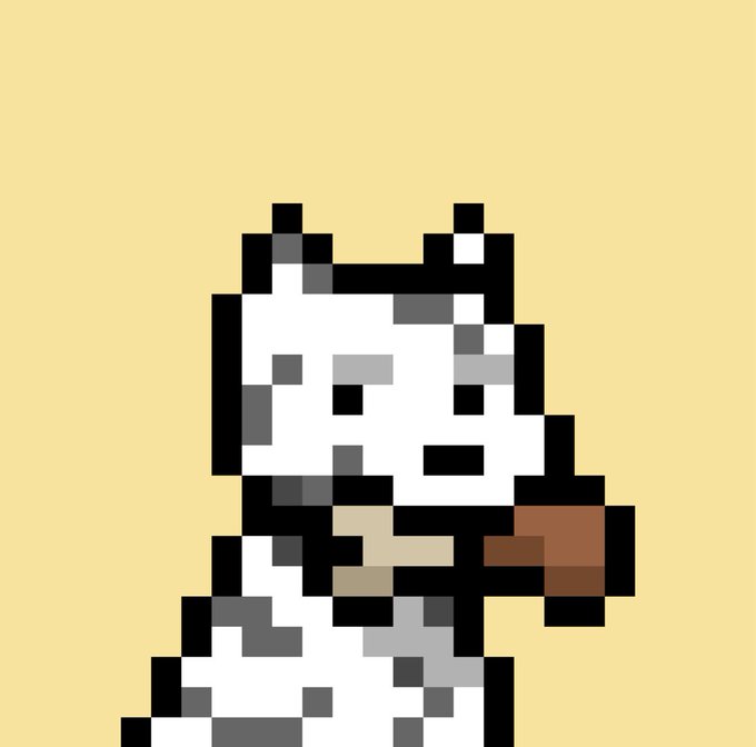 𝕏rz is a small cartoon dog with white fur, black eyes, and a brown nose. It appears to be sitting or standing against a yellow background. The image also contains text that reads "gm 𝕏rz".