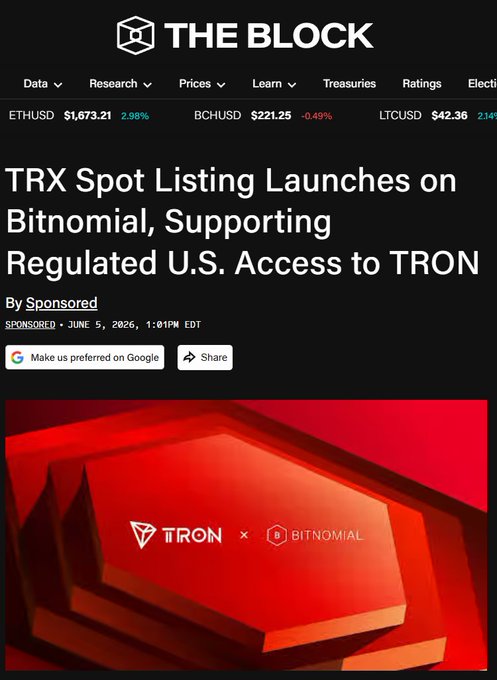 The image displays a red poster with text that reads "TRX tiếp tục mở rộng công bố token TRX đã được CFTC quản lý tại Mỹ" next to a red hexagon with the logo of "TRON" at the bottom. The image is part of a news post on The Block website which discusses a recent bitcoin listing launch by Bitominal.