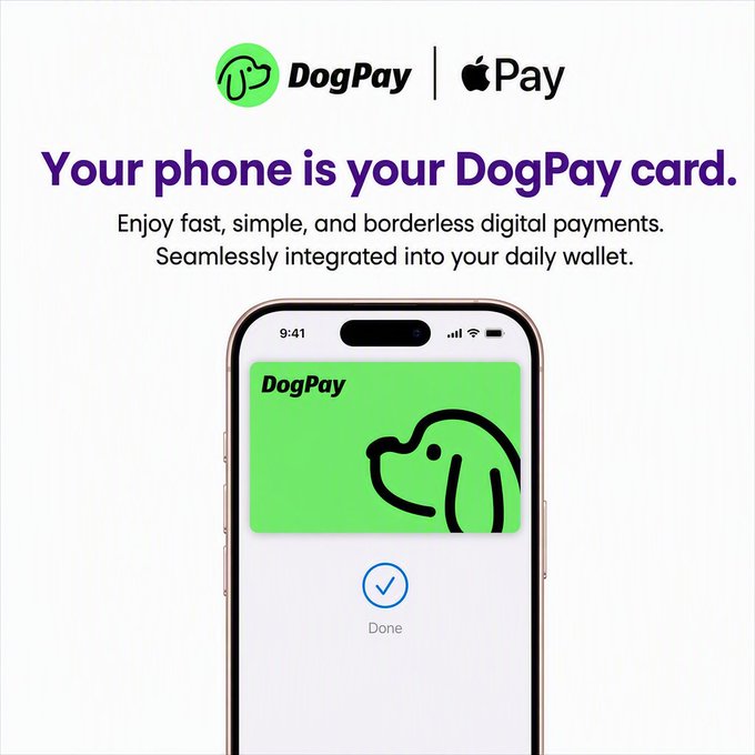 An advertisement for 'DogPay' via Apple Pay with the text 'Your phone is your DogPay card,' showing a smartphone displaying the DogPay app with a green card featuring a dog icon.