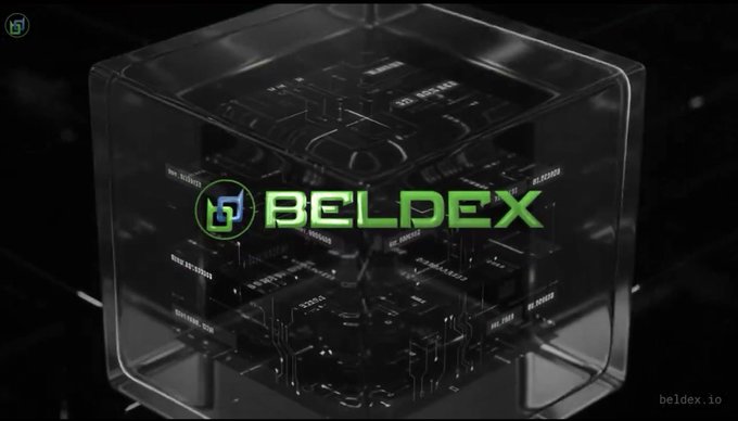 A dark graphic featuring the 'BELDEX' logo with a green icon, displayed on a transparent cube background with the URL 'beldex.io' in the corner.