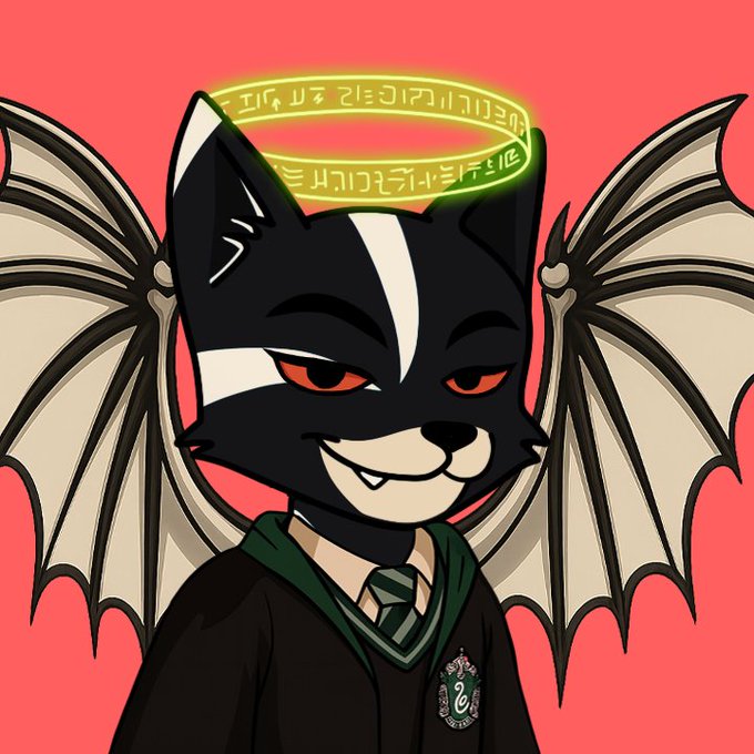An anime-style illustration of a black cat-like character with bat wings, red eyes, wearing a Slytherin-style robe and tie, with a glowing yellow halo of symbols above its head against a red background.