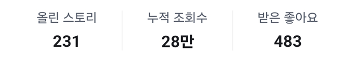 An Instagram profile stats graphic in Korean shows '올린 스토리 231' (Stories 231), '누적 조회수 28만' (Total views 280k), and '받은 좋아요 483' (Received likes 483).