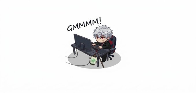 A chibi-style illustration of a white-haired anime character in a black suit sitting at a desk, typing on a keyboard with a frustrated "GMMMM!" speech bubble above.