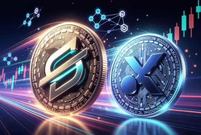 The image features two cryptocurrency coins, one labeled "XLM" and the other "XRP", placed side by side against a dark blue background with lines of code floating around them. The text above the coins reads "Who's winning the next crypto race? XRP". This suggests that there is an ongoing debate or discussion about which coin will be more successful in the future, possibly due to factors such as supply and demand, market trends, or other external influences.

The coins are positioned at different angles, with the "XLM" coin being slightly higher than the "XRP" coin. This arrangement creates a sense of depth and perspective within the image, making it visually interesting and engaging for viewers who might be interested in learning more about these digital assets or participating in the ongoing crypto race.