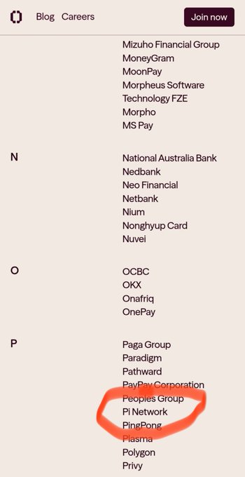 A screenshot of a website's list of companies, with 'Pi Network' circled in red among others including Mizuho Financial Group, MoneyGram, and MoonPay.