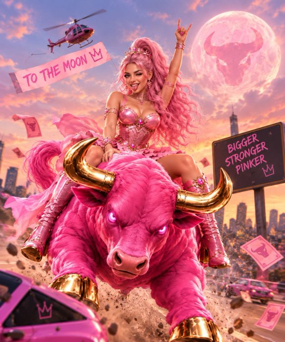 A vibrant pink-toned digital artwork showing a smiling woman with pink hair riding a massive pink bull with gold horns, surrounded by banners reading "TO THE MOON" and "BIGGER STRONGER PINKER".