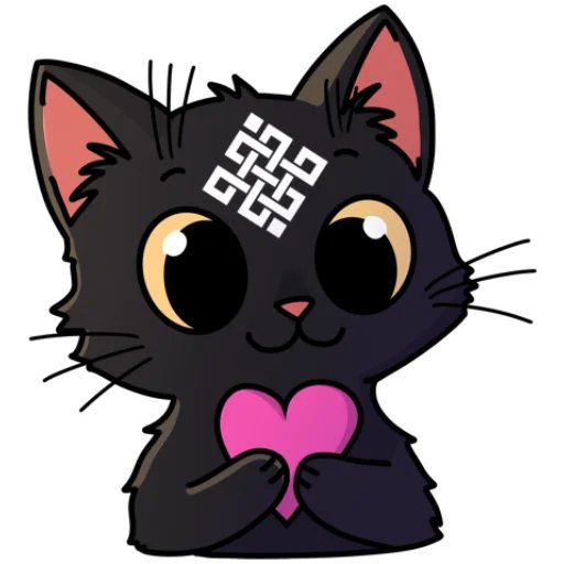 A cartoon illustration of a black cat with large yellow eyes, pink ears, and a pink heart on its chest, with a white decorative symbol on its forehead.