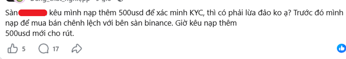 A Vietnamese social media post discusses a scam where the user was asked to deposit an additional 500 USD for KYC verification, following an initial deposit for arbitrage trading on Binance, raising suspicion of fraud.