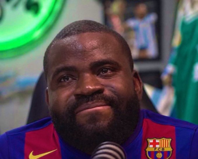 A man wearing a Barcelona FC jersey with the visible "FCB" logo appears emotional and teary-eyed while speaking into a microphone. The image humorously reflects the post's sentiment about losing money on Polymarket, capturing the disappointment of someone who was convinced to try a new platform only to lose their last $15.