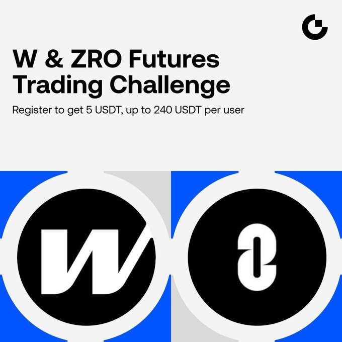 A promotional graphic for a "W & ZRO Futures Trading Challenge" featuring the W and ZRO token logos on a blue background, advertising up to 240 USDT in rewards for registration. The image directly supports the accompanying post about the cross-chain futures trading event offering sign-up bonuses and daily check-in perks.