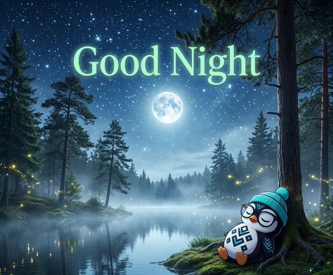A serene night scene features a full moon over a misty forest lake, with a cute penguin wearing a beanie sitting on the grass, and the text "Good Night" displayed prominently in green letters across the starry sky, evoking a peaceful bedtime mood to match the casual "good night" farewell in the post.