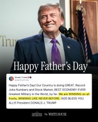 The image features a man wearing a suit, standing at a podium with a microphone, smiling as he speaks into it. The background of the image shows a sign that reads "Happy Father's Day", indicating that this photo was taken on Father's Day. The caption below the photo includes information about Bitcoin holders and Trump bragging about the economy.