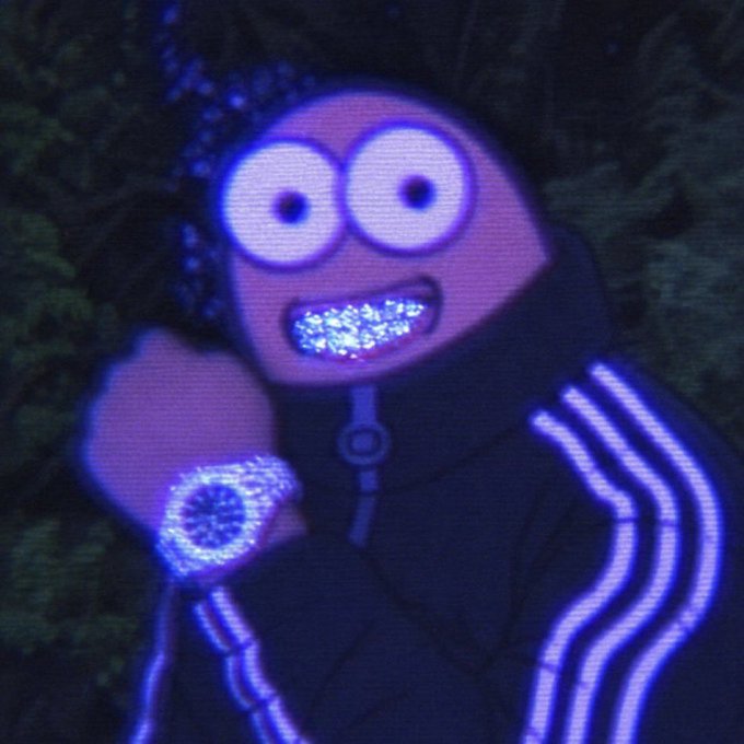 A purple, animated character with large round eyes and a glittery mouth, wearing a dark suit with glowing blue stripes and a glowing watch, appearing to hold up a fist in a dark environment.