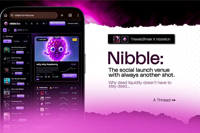 A promotional graphic for 'Nibble: The social launch venue with always another shot' featuring a phone mockup displaying the nibble.fun app interface with a Jelly Jelly Raspberry meme coin card and trending tokens section.