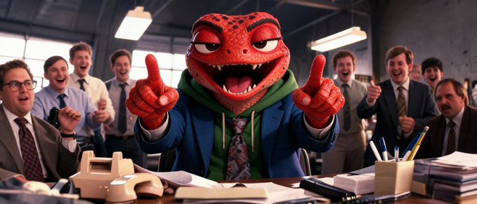 A red reptilian character wearing a hoodie and tie enthusiastically gives two thumbs up while surrounded by cheering office workers, celebrating $INTERN's milestone of reaching 1,300 holders on the Robinhood chain after famously fixing the buy button years earlier.