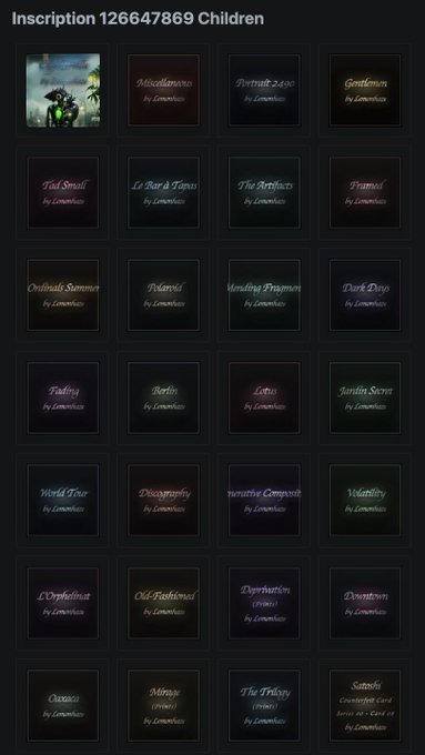 A webpage screenshot titled 'Inscription 126647869 Children' displaying a grid of dark cards with titles like 'Miscellaneous', 'Portrait 2496', 'Gentleman', 'Odd Small', 'Le Rat À Paris', 'The Artifacts', and 'Flamini' attributed to 'Lemelucas'.