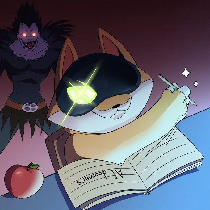 The cartoon shows a Shiba Inu dog with glowing robotic eyes dutifully writing "AI doomers" in a notebook, while a menacing demonic figure looms menacingly in the background—visually representing the post's message of tackling AI doom concerns with a calm, focused, and slightly playful approach.