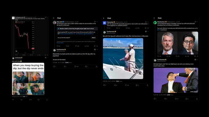 Four X (formerly Twitter) posts from CoinTerminal's "Hall of Fame Replies" June edition are displayed, featuring humorous market memes and commentary: a chart captioned "When you keep buying the dip, but the dip never ends," a meme about Wave Capital raising $83 million during the bear market, a photo of a boater captioned "Me with the SpaceX camera lunch lady after she becomes a millionaire," and a debate about Michael Saylor and Ted Lee "fighting to see who can destroy more shareholder value," reportedly after Wave Capital raised $83,500,000 in "unrealized loss on its investment."