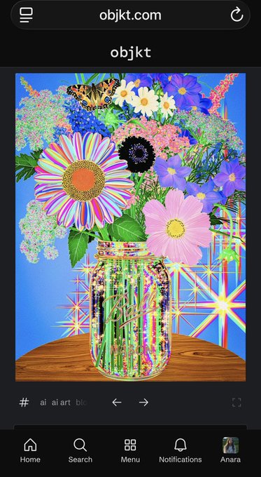 A mobile screenshot of the website 'objkt.com' displaying a vibrant digital artwork of a glass jar filled with colorful flowers, including a large daisy, set against a starry blue background.