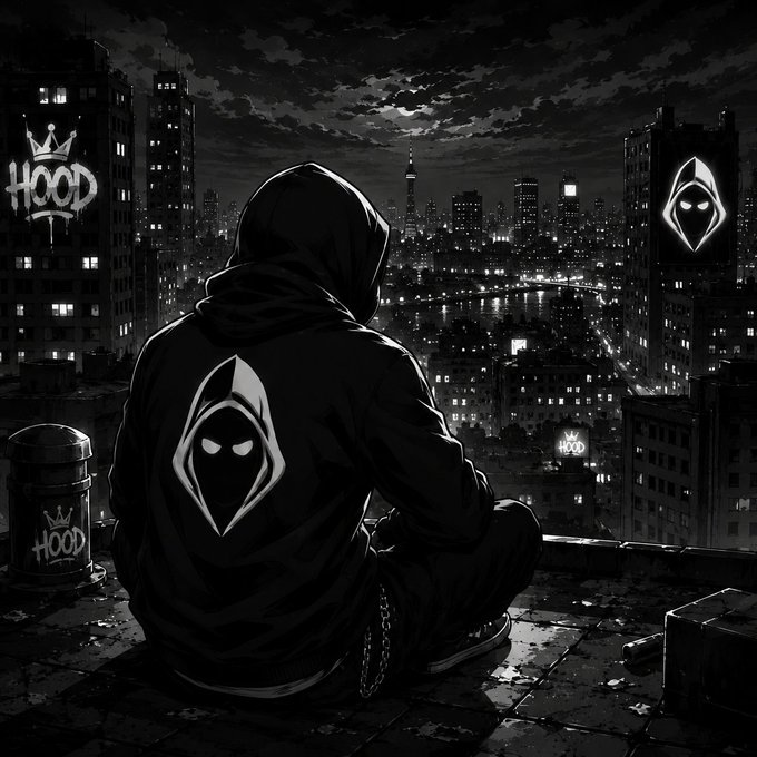 A hooded figure sits on a rooftop overlooking a nighttime cityscape, with a stylized hooded face logo and the word "HOOD" alongside a crown emblem graffitied across nearby buildings and surfaces. The shadowy, urban scene visually echoes the post's reference to "HOOD," reinforcing a mysterious street atmosphere.