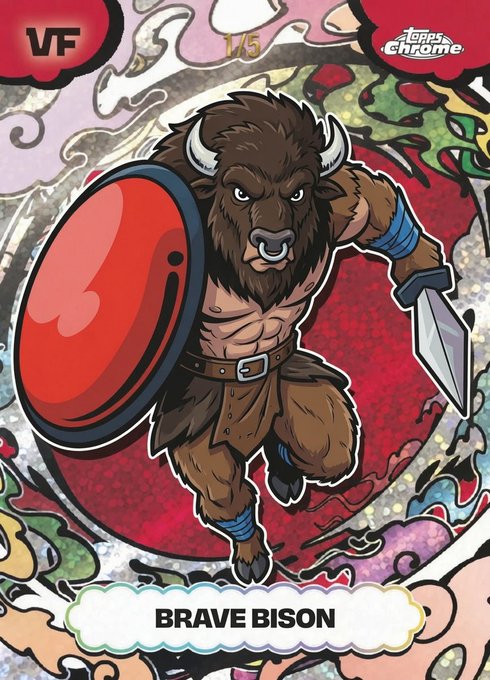 The image features a cartoon illustration of a brown buffalo with horns, holding a shield and sword while running through a colorful design. The buffalo appears to be in motion, possibly charging or escaping from danger. The background of the image is filled with various colors and patterns, creating an artistic and vibrant scene. The post includes text that reads "Just to one-up @MikeJY1984 here, I’m also putting a bounty on the Brave Bison". This suggests that there might be some sort of contest or challenge related to the buffalo illustration, possibly involving a prize for the best artwork or story inspired by it.