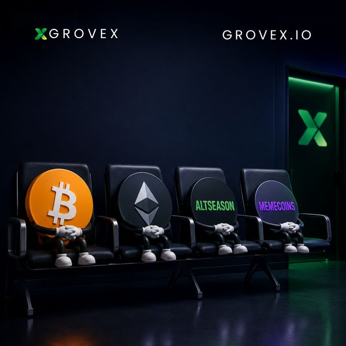 Four anthropomorphized cryptocurrency symbols—Bitcoin (orange), Ethereum (gray), "ALTSEASON" (green), and "MEMECOINS" (purple)—sit as cartoon characters in a darkened movie theater, hands folded in anticipation, embodying the post's question about which asset class will take the spotlight next. The GROVEX logo and "GROVEX.IO" branding frame the scene, tying the playful "who's next" waiting-room metaphor directly to the accompanying crypto market commentary.