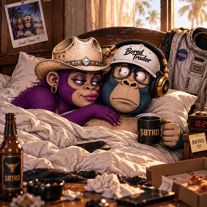 A 3D illustration of a purple-furred female and a gorilla wearing a 'Bored Trader' cap, lounging in bed surrounded by '$BTRD' branded merchandise.