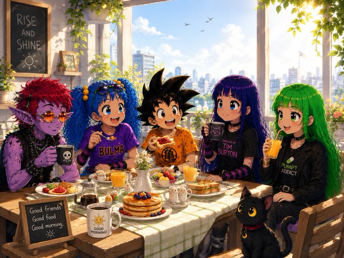 An anime-style illustration of Dragon Ball characters (including Goku, Bulma, and others) enjoying breakfast together with a 'Good morning' mug and 'Rise and Shine' chalkboard.
