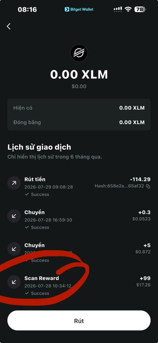 A Bitget Wallet screenshot shows an XLM (Stellar) account with 0.00 XLM balance and a circled 'Scan Reward' transaction of +$17.28 dated 2026-07-28, alongside other transaction history in Vietnamese.