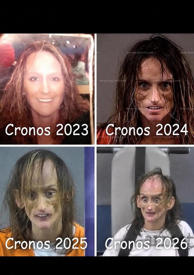 The image shows a four-panel chronological progression of a woman's appearance from "Cronos 2023" to "Cronos 2026," depicting rapid deterioration mirroring how the meme suggests Cronos (CRO) holders aged dramatically after Kris promised to be held accountable for the coin's price performance.