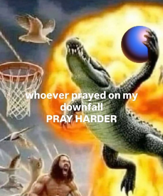 The image features a man with long hair holding a basketball, surrounded by birds flying around him. In the background, there are two basketballs - one blue and one orange. The text "whever prayed on my downtime pray harder" is written above the scene.