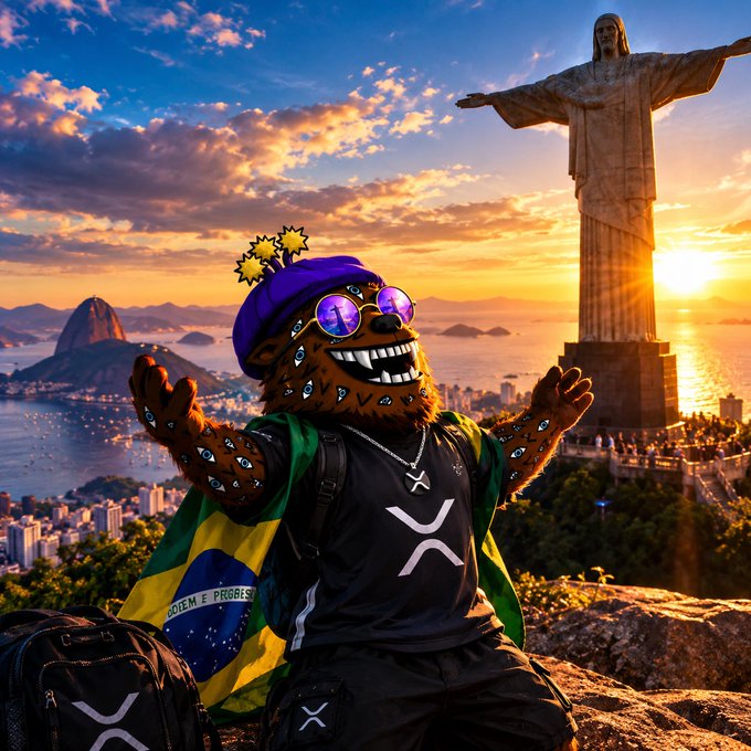 A digital illustration of a furry mascot character wearing a purple hat, sunglasses with XRP logos, a black shirt with XRP branding, and a Brazilian flag cape, posing with the Christ the Redeemer statue and Rio de Janeiro skyline in the background.