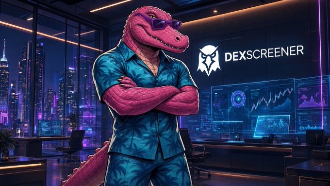 A pink, muscular anthropomorphic dinosaur wearing sunglasses and a blue floral Hawaiian shirt stands with arms crossed in a futuristic trading office, with the 'DEXSCREENER' logo displayed on the wall behind him next to cryptocurrency charts.