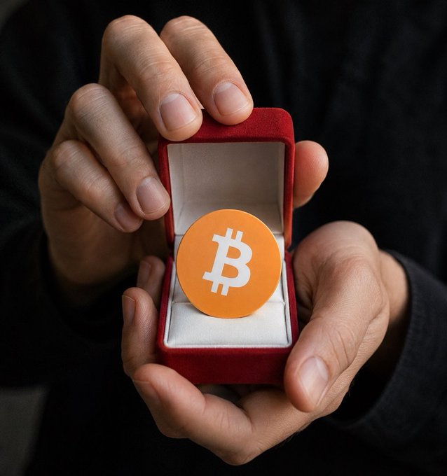 A person's hands open a red velvet jewelry box to reveal an orange Bitcoin (₿) coin, symbolizing one of two luxury choices presented in the post: either 0.1 Bitcoin (approximately 10,800,000 KRW) or a Rolex Submariner (around 20,000,000 KRW). The image visually represents the crypto asset option in this "men's version" preference comparison.