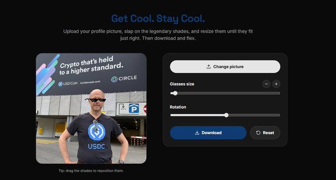 A web interface screenshot with the headline 'Get Cool. Stay Cool.' allows users to upload a profile picture and add sunglasses, shown on an image labeled 'Crypto that's held to a higher standard' with USDC and Circle branding.