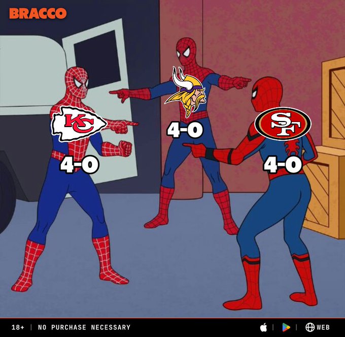 Three Spider-Man figures pointing at each other with NFL team logos (Chiefs, Vikings, 49ers) and '4-0' scores, with 'BRACCO' branding and '18+ NO PURCHASE NECESSARY' text.