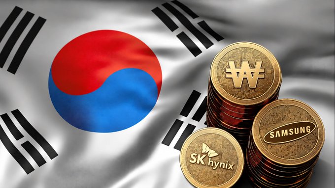 South Korean flag with stacks of gold coins featuring logos for crypto exchange, Samsung, and SK Hynix.