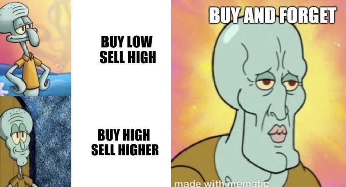 A Squidward meme contrasting 'BUY LOW SELL HIGH' and 'BUY HIGH SELL HIGHER' with a third option labeled 'BUY AND FORGET.'